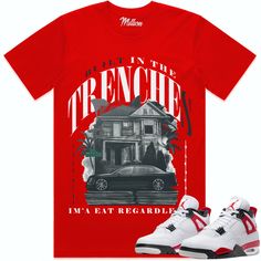 Trenches (red) : Red Sneaker Tees Shirt This sneaker shirt is made by MDM Clothing on a 100% Premium Cotton shirt that fits a little on the bigger side, more of a streetwear fit. Check the size guide in the picture. The print on this shirt is silk screen printed which is the highest quality of print you can get on any shirt. It is the most vibrant and will last a very long time. This print will not fade or wash off like most sneaker shirts being sold in the market. WASHING: Machine wash this shirt inside out with cold water. DRYING: Hang Dry. If you must use a dryer keep the shirt inside out and dry with low heat. This item is in-stock and ships out in 1 business day.  If this shirt is ordered with any products that are made on demand it will hold up the shipment as on demand item takes lo Jordan 12 Cherry, Cement 4s, Jordan 11 Cherry, Cherry Shirt, Jordan 4 Red, Raging Bull, Streetwear Fits, Sneaker Tee, Jordan 12