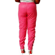 Beautiful HOT pink color in our celebrity relaxed style. Click Here for all more sizes at list prices 100% Genuine First Quality Nappa Sheepskin Leather from CD D C This is genuine leather Completely lined in polyester Relaxed fit. Cut wider in the thigh & and hip area for a comfortable fit 2 side pockets in front with wide golden colored zipper closure 6" golden colored zippers at ankles for easy on and off No Fly Elastic waist with drawstring Elastic at ankles Unisex design suitable for women Trendy Pink Pants With Side Pockets, Pink Stretch Pants With Side Pockets, Trendy Pink Parachute Pants With Side Pockets, Pink Stretch Cargo Pants For Spring, Trendy Pink Parachute Pants, Spring Pink Stretch Cargo Pants, Pink Cargo Pants For Streetwear, Trendy Pink Parachute Pants For Streetwear, Trendy Full-length Pink Sweatpants