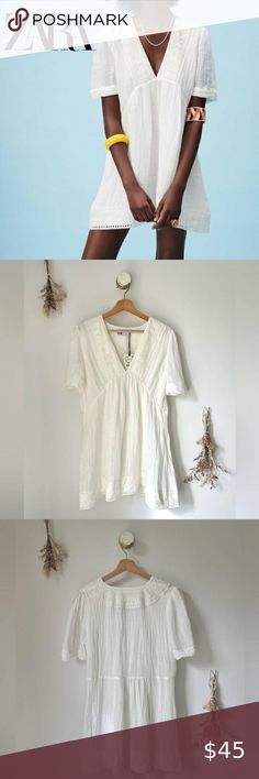 ZARA embroidery white linen cotton blend V neck mini dress size Large L Zara Embroidery, Embroidery Boho, Coquette Core, Hippie Summer, V Neck Mini Dress, Bohemian Hippie, Large Size Dresses, Zara Dresses, White Linen