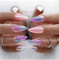 Summer Nails Stiletto Short, Gorgeous Nails Spring, Nails Design With Glitter, Spring Bling Nails, Spring Chrome Nails, Spring Glitter Nails, Pink Nail Art