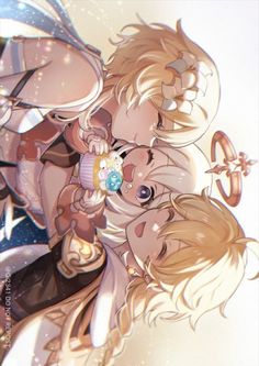 an anime character with blonde hair holding a baby