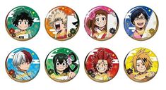 the seven anime character badges are shown in different colors and sizes, including one with an open mouth