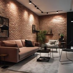 a living room with brick walls and furniture in the center, along with plants on the wall