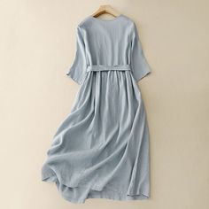 Women's Elegant Linen Dress Crew Neck Mid Sleeve with Waist Belt Cotton Linen Dress Casual A-line Belted Dress For Spring, Casual Belted Dresses For Dress Down Occasions, Casual V-neck Belted Dress For Summer, Casual V-neck Belted Summer Dress, Plain Spring Dress For Day Out, Plain Dress For Spring Day Out, Plain Dresses For Day Out In Spring, Summer Casual V-neck Belted Dress, Blue Plain Dresses For Spring