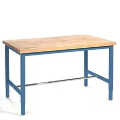 a wooden table with blue legs on a white background