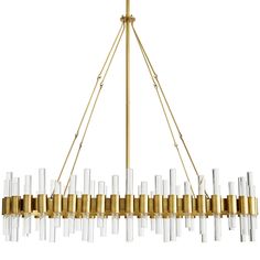 a large chandelier with many glass tubes hanging from it's brass frame