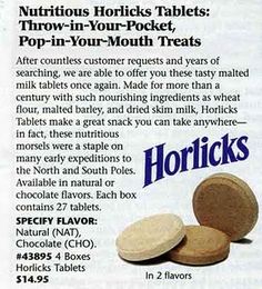 an ad for horlick's peanut butter with the words, nutritious drinks tablets throw - in - your - pocket, pop - in - your - mouth treats