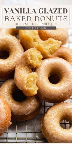 vanilla glazed baked doughnuts on a cooling rack with text overlay that says vanilla glazed baked donuts