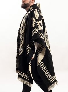 Material: 15% Alpaca wool and 85% acrylic wool.Color: Black Style: Aztek - Mexican Style Size:Length: 192cm (75")Width: 112 cm (44")It refers to the total measurements of the poncho when it is fully open (like a blanket)Note: Since this product is handmade, it may present slight variations from the pictures. Men’s Poncho Outfit, Traditional Black One-size Poncho, Mexican Ponchos Mens, Men’s Poncho, Western Poncho, Poncho For Men, Cuban Hat, Poncho Mexican, Panama Hat Men