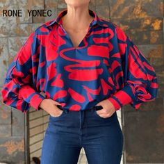 Brand Name: RFORX PANSOrigin: CN(Origin)Thickness: LightweightFabric Type: WovenMaterial: PolyesterMaterial: CottonClothing Length: RegularDecoration: NONESleeve Length(cm): FullShirts Type: BlousesCombination Form: Single-piece SetGender: WOMENDress Patterns: PulloverFabric content: 31% (inclusive) - 50% (inclusive)Style: Street StyleStreet Style: CasualAge: Ages 18-35 Years OldCollar: V-NeckSleeve Style: Batwing SleeveSeason: Spring/AutumnRelease Date: Autumn 2021Model Number: RY310Clothing Pa Printed V-neck Tops For Office, Printed V-neck Tops, Winter Blouses, Spring Blouses, Chic Blouses, Stylish Blouse, Loose Blouse, V Neck Blouse, Outfit Casual