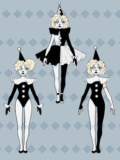 three cartoon women dressed in black and white outfits