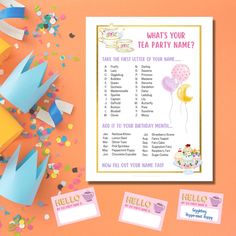 a birthday party game is shown with confetti and paper crowns on the table