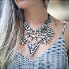 Boho Aztec Silver Antique Statement Bib Necklace Festival Silver Necklace With Jewels, Bohemian Silver Choker With Jewels, Festival Pendant Necklace With Chain, Silver Choker For Summer Festivals, Metal Chain Necklace For Festival, Bohemian Silver Necklace With Jewels, Silver Necklaces For Summer Festivals, Bohemian Chain Necklaces For Summer, Silver Bohemian Choker For Summer