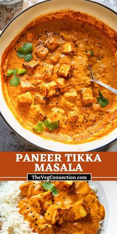 paneer tikka masala with rice in a white bowl