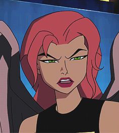 an animated woman with pink hair and green eyes in front of a tv screen that says,