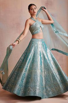 Buy #turquoise resham embroidered #lehenga in mirror work by #Suhino at #AzaFashions Shop online now at #Azafashions.com Call +12132135273 or email contactus@azafashions.com for enquiries. #wedding #festive #ethnic #tradional #shopping #shoponline #party #reception #bride Shaded Lehenga, Tissue Lehenga, Mirror Lehenga, Manushi Chillar, Mirror Work Lehenga, Halter Neck Blouses, Mirror Embroidery, Resham Work