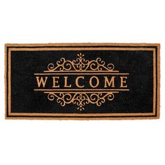 a welcome mat with the words welcome in gold and black on it, against a white background