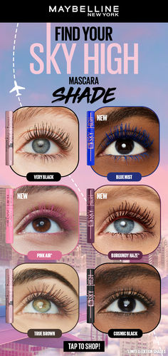 Sky High lash impact from every angle! Maybelline's Lash Sensational Sky High mascara delivers full volume and limitless length. Exclusive Flex Tower mascara brush bends to volumize and extend every single lash from root to tip. Washable mascara formula infused with bamboo extract for long, full lashes with light as air feel. Now available in Blue Mist and limited edition shades Pink Air, and Burgundy Haze. Allergy tested. Tap to shop!!! Burgundy Mascara Blue Eyes, Mascara For Blue Eyes, Burgundy Mascara, Lash Sensational Sky High Mascara, Sky High Mascara, Pink Mascara, Lash Sensational, Blue Mascara, Cute Eye Makeup