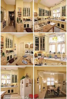 four different pictures of a kitchen and dining room