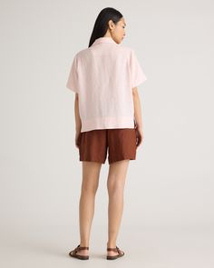 Say hi to relaxed, laidback luxe. Throw on this collared short sleeve with anything to level up a day-to-day fit. The boxy cut will pair with our linen shorts or pants to create your dream resort-life look. Our linen is made from 100% European flax, which is more sustainable and less resource-intensive to grow. Linen is the ultimate year-round fabric because it's breathable and naturally heat-regulating.  | Quince | Women's 100% European Linen Short Sleeve Shirt in Pale Pink, Size XL Casual Short Length Tops With Relaxed Fit, Casual Tops With Relaxed Fit And Short Length, Casual Relaxed Fit Short Top, Relaxed Fit Short Length Tops For Day Out, Relaxed Fit Short Tops For Day Out, Effortless Tops With Rolled Short Sleeves, Short Sleeve Linen Tops For Daywear, Linen Short Sleeve Tops For Daywear, Spring Relaxed Fit Short Sleeve Shirt With Collared Neckline