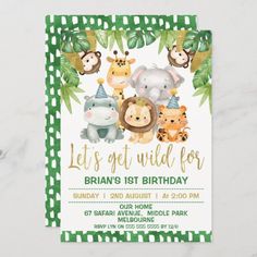 an animal themed birthday party with green and white checkered border, jungle animals on the front