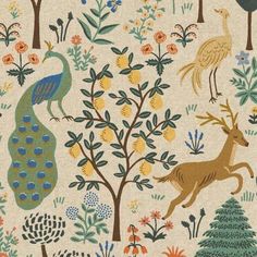 an image of a wallpaper with animals and trees on it's side, including peacocks