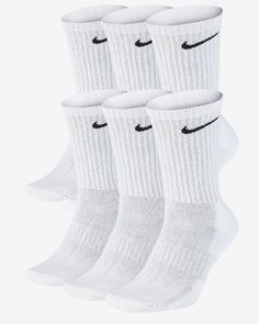 Nike Everyday Cushioned Training Crew Socks (6 Pairs) White L (W 10-13 / M 8-12) B15 COMFORT AND SUPPORT. Power through your workout with the Nike Everyday Cushioned Socks. The thick terry sole gives you extra comfort for footdrills and lifts, while a ribbed arch band wraps your midfoot for a supportive feel. Benefits Dri-FIT technology helps keep your feet dry and comfortable. Thick terry sole provides comfort and impact absorption. Ribbed arch band offers a supportive feel. Crew silhouette cov Dri Fit Socks, Nike Crew Socks, Nike Socks, Nike Kids, Athletic Socks, White Sock, 6 Packs, Shoes Nike, Track And Field