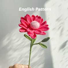 a hand holding a pink crocheted flower with the words english pattern on it