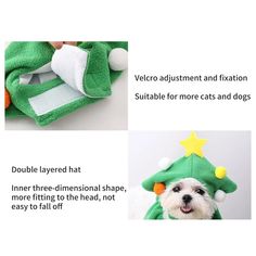 a dog wearing a green christmas tree costume