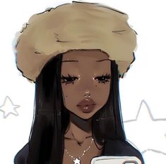 a drawing of a woman holding a cell phone and wearing a fur hat on her head