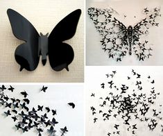 four different pictures of black butterflies on white paper and one is in the shape of a butterfly