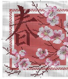 a cross stitch pattern with pink flowers on the front and back of a red background