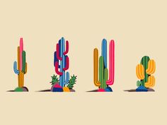 colorful cactuses are lined up in the shape of different shapes and sizes on a beige background