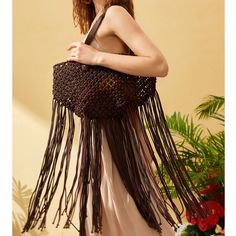 Crochet Braided Fringe Trimmed Tote Bag * Color: Brown *100% Cotton * Adjustable Double Handles * Length: 18.9” * Width 5.5” * Height 7.9” * Handle Height: 15.7” Chic Brown Fringe Hobo Bag, Bohemian Brown Bags For Beach Season, Brown Bucket Bag With Long Handle, Chic Brown Hobo Bag With Tassels, Bohemian Brown Bucket Bag With Double Handle, Brown Tote Hobo Bag For Beach Season, Brown Hobo Tote Bag For Beach Season, Summer Brown Hobo Bag For Shopping, Tassel Hobo Bag For Shopping