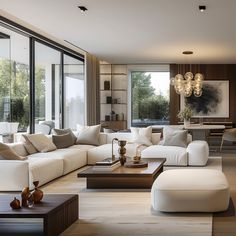 a living room filled with lots of white furniture