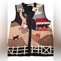 Women’s, Beautiful, Multicolored, Hand Embroidered, Cottony, Button Down, Vest. Women’s Size Petite Medium. Button Down Front-5 Buttons, Brown Buttons With Leather Look. Extra Button Included. Vest Back: Solid Navy Color. Hand Embroidered, A Girl With A Hat On (3d), And A Blond Braid (3d) , Carries A Basket Of Apples (Apples Are 3d). A Small Black Scotty Dog Follows Along. She Heads Up The Road To A Cottage Above On Shoulder, With Trees And Bushes Embroidered. On The Left Front Is A Farm Market. Fall Cotton Sweater Vest With Buttons, Cotton Sweater Vest With Buttons For Fall, Patagonia Bivy Vest, Basket Of Apples, Animal Print Vests, Fall Vest, Scotty Dog, Plaid Quilt, Sleeveless Sweater Vest