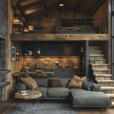 a living room filled with furniture next to a fire place under a loft style ceiling