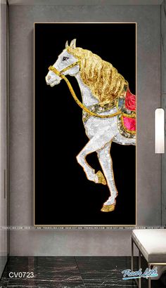 a horse with gold paint on it's face is shown in this modern living room