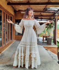 Beige Ruffled Maxi Dress, Beige Bohemian Long Maxi Dress, Bohemian Floor-length Beige Dress, Bohemian Beige Floor-length Dress, Bohemian Flowy Long Dress, Long Cream Bohemian Dress, Bohemian Long Cotton Dress, Bohemian Cotton Dress With Long Skirt, Maxi Length Festival Dresses With Ruffles