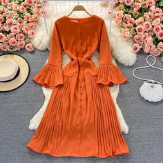 Orange A line long sleeve dress fashion dressFabric: blendedColor: orangeSize(cm): S, M, L, XL, 2XLS length 120 bust 88 waist 70M length 121 bust 92 waist 74L length 122 bust 96 waist 78&ltp&gtXL length 123 bust 100 waist 82&lt/p&gt&ltbr/&gt&ltp&gt2XL length 124 bust 104 waist 86&lt/p&gt&ltbr/&gt Elegant Apricot A-line Dress, Orange Long Sleeve Midi Dress, Orange Fitted Long Sleeve Maxi Dress, Fitted Orange Long Sleeve Maxi Dress, Elegant Orange Solid Color Dress, Elegant Solid Orange Dress, Chic Orange A-line Midi Dress, Elegant Long Sleeve Bell Dress For Fall, Chic Orange A-line Dress