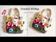 crochet bag with flowers and teddy bears on the front, side by side