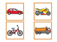 four pictures with different types of vehicles in them, including a motorcycle and a car