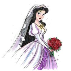 a drawing of a woman in a wedding dress holding a bouquet of flowers and wearing a tiara