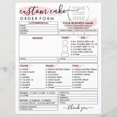 the custom cake order form is displayed on a marble surface with pink and black ink