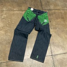 Material: 100% Cotton Streetwear Indigo Jeans With Five Pockets, Indigo Rigid Denim Jeans For Streetwear, Indigo Jeans With Five Pockets For Streetwear, Green Relaxed Fit Jeans With Hip Pockets, Green Relaxed Fit Jeans, Green Denim Jeans For Streetwear, Blue Jeans For Streetwear With Standard Cut Leg, Blue Jeans With Standard Cut Leg For Streetwear, Blue Jeans With Standard Cut For Streetwear