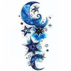 the moon and stars tattoo design is on display in front of a white background with blue watercolors