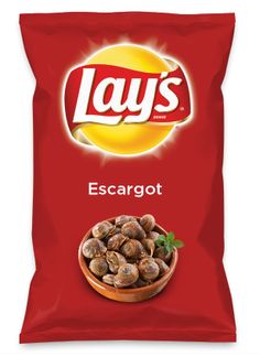 lay's escargot chips in a wooden bowl on a white background