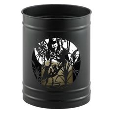 a black barrel with an image of a man in the woods