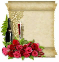 an old paper with roses and a bottle of wine