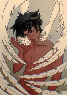 an anime character with black hair and wings on his chest, looking at the camera